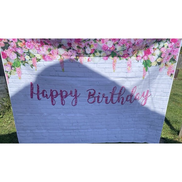 XCKALI White Brick Wall Floral Happy Birthday Backdrop 7x5ft - Picture 7 of 7